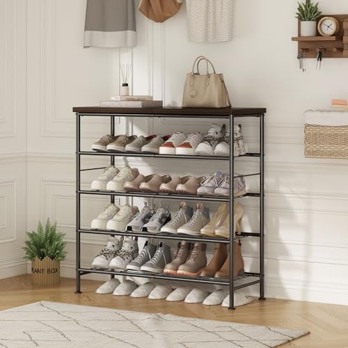 SUOERNUO Shoe Rack Organizer 5 Tier for Closet Entryway Free Standing Metal Storage Shoe Shelf with MDF Top Board，Black+Rustic Brown - color: Black+rustic Brown, size: Standard 5 Tier