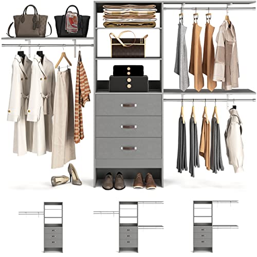 Armocity 96 Inches Closet System, 8FT Walk In Closet Organizer with 3 Shelving Towers, Heavy Duty Clothes Rack with 3 Drawers, Built-In Garment Rack, 96" L x 16" W x 75" H, Max Load 1000 LBS, Grey - color: Grey
