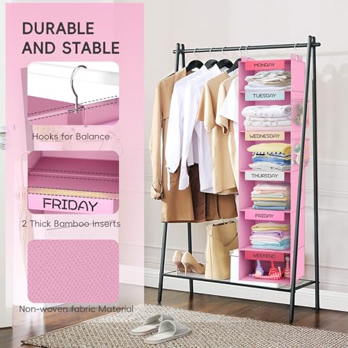 VERONLY Weekly Hanging Closet Organizer for Kids, 6-Shelf Clothes Storage with Labeled Days of The Week Monday Through Friday, Weekday and Weekend, Days of the Week Clothes Organizer - color: Pink