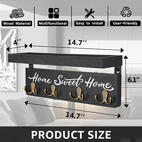 buways Key Holder for Wall Decorative, Rustic Wooden Key Hanger for Wall with 4 Double Key Hooks, Farmhouse Key Holder Rack and Mail Organizer for Home Entryway Decor(Black) - color: Black