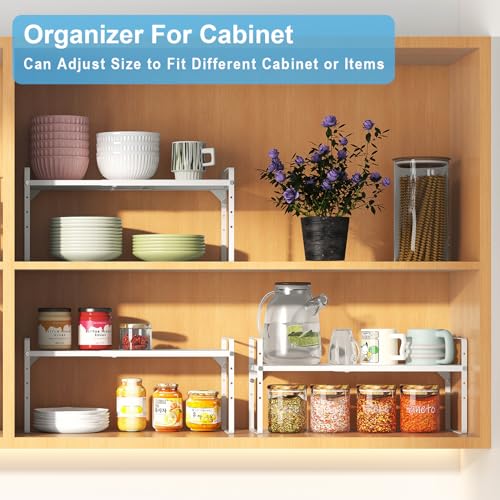 15.5 to 25.5 Inch Kitchen Cabinet Shelf Organizers, Adjustable Kitchen Counter Shelf Organizer, Set of 4 Expandable Countertop Storage Shelves, Stackable Design, 30LBS Heavy Duty, Space Saver - color: White