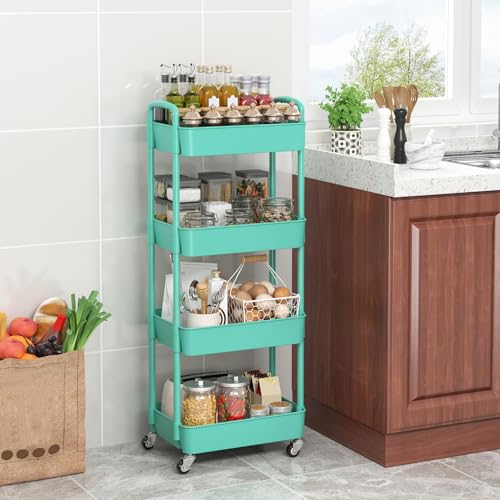Sywhitta 4-Tier Plastic Rolling Utility Cart with Handle, Multi-Functional Storage Trolley for Office, Living Room, Kitchen, Movable Storage Organizer with Wheels, Green - color: Green, size: 4-tier