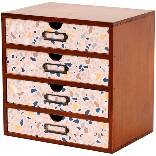 Terrazzo Pattern Wooden Desk Organizer - 4-Drawer Desktop Storage - Modern & Rustic Wood Cabinet for Office Supplies, Craft Tools, & Home Organization - Cute Drawer Unit - color: Pastel Terrazzo