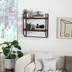 GOFLAME 2-Tier Industrial Bathroom Shelves with Towel Bar, Over the Toilet Shelf Wall Mounted with Metal Frame, Wall Storage Organizer Shelf for Bathroom, Living Room, Kitchen, Rustic Brown