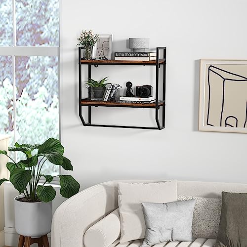 GOFLAME 2-Tier Industrial Bathroom Shelves with Towel Bar, Over the Toilet Shelf Wall Mounted with Metal Frame, Wall Storage Organizer Shelf for Bathroom, Living Room, Kitchen, Rustic Brown