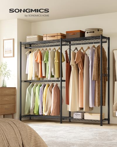 SONGMICS Clothing Rack, Heavy-Duty Garment Rack with Adjustable Storage Shelves and Hanging Rails, Hooks, Freestanding Portable Wardrobe Closet, Cloud White ULGR427BH01 - color: Ink Black, size: 65"L x 76"H, style: Without Fabric Cover