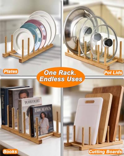 Bamboo Dish Rack, Stylish Vertical Wooden Plate Holder & Drainer, Multi-Purpose Kitchen Cabinet Organizer for Dishes, Pots, Lids, Bowls, Cups & Cutting Boards