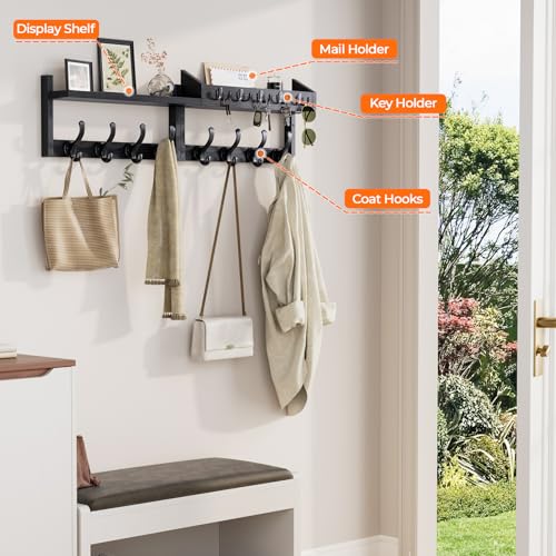 Evermagin 35" Coat Rack Wall Mount with Shelf, 4 in 1 Coat and Key Hanger with 13 Metal Hooks, Entryway Wall Mounted Shelf with Mail Holder for Living Room, Bedroom, Black - color: Black, size: 35 Inch