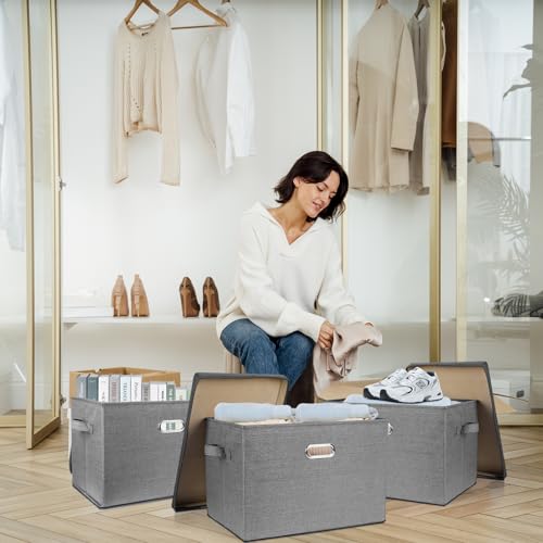 SNWDN 4 Pack Large collapsible Fabric Storage Bins with Lids Fabric storage box with lids for closet organizers and storage (grey 17.3x11.4x11.8 inches) - color: grey, size: Large（4-Pack 17.3*11.4*11.8 Inches）