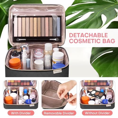 HXLGMD Large Makeup Bag with Mirror Double Layer Travel Make Up Organizer Case, Large Capacity Coemetic Bag with Brush Slot Divider - color: Black