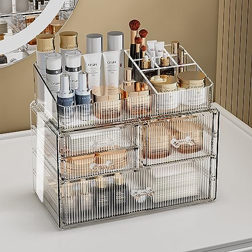 ZHIAI Stackable Storage Drawer, Acrylic Organizer, Cosmetic Organizer for Dresser, Vanity, Kitchen Cabinet, Bathroom, Under Sink, Home Organization and Storage (1 Top 3 Drawers) - color: (1 Base, 3 Drawers) with Top
