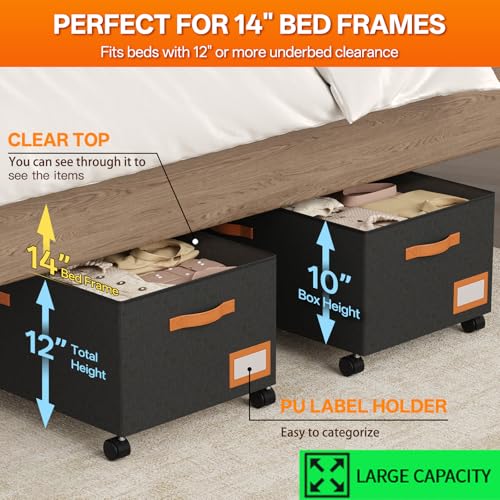 Under Bed Storage with Wheels, 12" Height Under Bed Storage Extra Deep Under Bed Storage Containers, Perfect for 14'' Bed Frame, No Assemble Metal Rolling Underbed Storage for Clothes Shoes Blankets - color: Extra-Tall Design