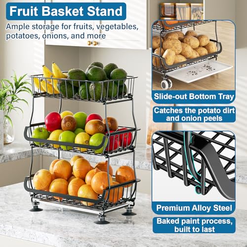 OKZEST 3-Tier Rolling Pantry Floor Organizer and Storage Cart with Wheels, Stackable Wire Pantry Baskets for Pantry Shelves, Kitchen Fruit Basket Stand and Storage Rack for Fruit Snack Onion Potato - color: Black, size: 3-Tier Baskets