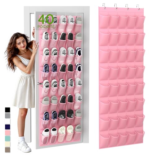 Unjumbly Over the Door Shoe Organizer with 40 Large Breathable Mesh Pockets, Space Saving Shoe Holder, Hanging Shoe Rack for Entryway Bedroom Closet Storage (Pink, 40 Pockets) - color: Pink, size: 40 Pockets