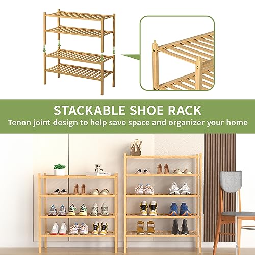 ROMGUAR CRAFT 5 Tier Bamboo Shoe Rack for Closet Free Standing Wood Shoe Shelf for Entryway Small Space Stackable 27"x11"x33" (Natural) - color: Natural, size: 5 tier