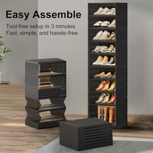 SYNCVIBE Shoe Rack Organizer for Closet Entryway Foldable Sneaker Storage Shoe, Collapsible Shoe Cabinet, Stackable Shoe Storage Cabinet with Lids for Living Room (9 Tiers -18 Pairs Black) - size: 9 Tiers -18 Pairs Black