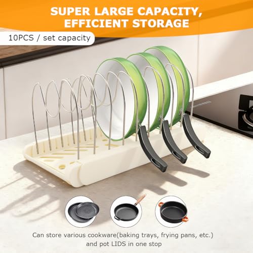 Expandable Pot and Pan Organizer Rack for Kitchen Cabinet or Under Sink,with 10 Adjustable Compartment 13"-23" Adjustable Length for Lids Bakeware Frying Rack and Cookware(COLOR:White) - color: White