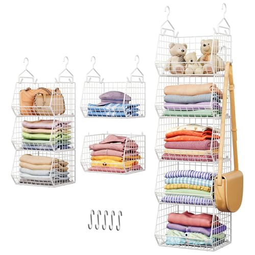 5 Tier Closet Hanging Organizer, Clothes Hanging Shelves with 4 Hanging Hooks 5 S Hooks, Wire Storage Basket Bins, for Clothing Sweaters Shoes Handbags Clutches Accessories Patent Design-White - color: White