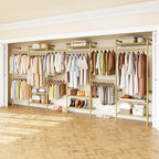 H6 Wall Mounted Closet System, Industrial Pipe Clothes Rack Clothing Racks with 6 Telescopic Rods & 3 Fixing Rods & 9 Shelves, Heavy Duty Closet Organizers and Storage in Wardrobe Closet (Gold) - color: Gold