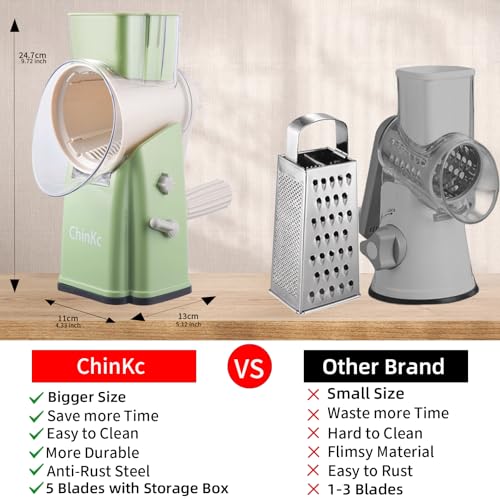 Upgrade Rotary Cheese Grater Shredder with Handle, Strong Suction Base, Multi-purpose Rotary Grater Slicer with 5 Interchangeable Blades for Ice, Vegetables, Fruit, Nuts with Blade Storage Box - color: White+Green