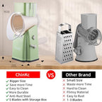 Upgrade Rotary Cheese Grater Shredder with Handle, Strong Suction Base, Multi-purpose Rotary Grater Slicer with 5 Interchangeable Blades for Ice, Vegetables, Fruit, Nuts with Blade Storage Box - color: White+Green