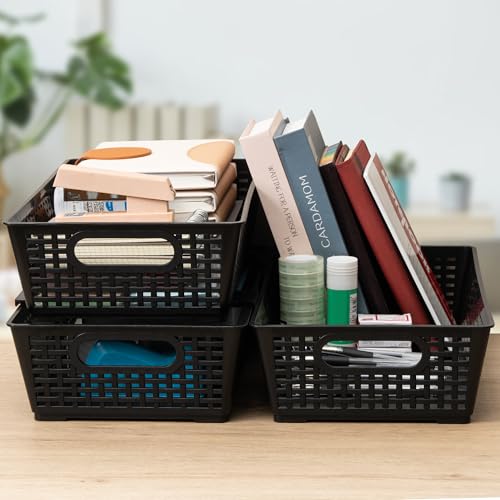 Tiawudi Stackable Woven Plastic Basket, Storage Bins for Cabinet, Closet, Shelf, Under Sink and Countertop, Pantry Organizer Bins, 6 Pack - color: Black