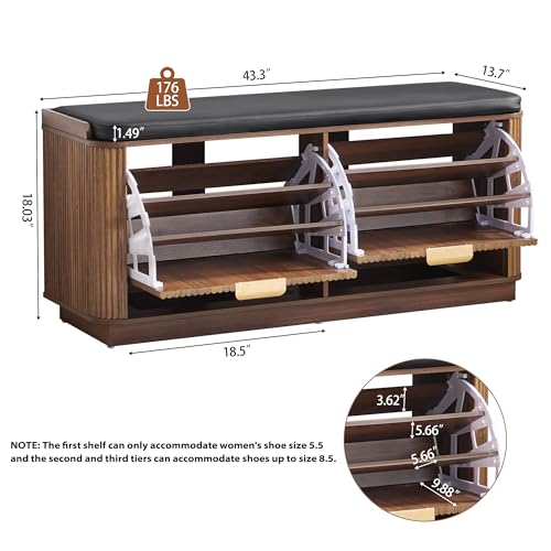 Fluted 3-Tier Entryway Shoe Bench with Drawers and Adjustable Shelves, 43.3'' Wide Shoe Storage Bench with Cushion Seat for Entrance, Hallway, Living Room, End of Bed - Walnut - size: Drawer-walnut