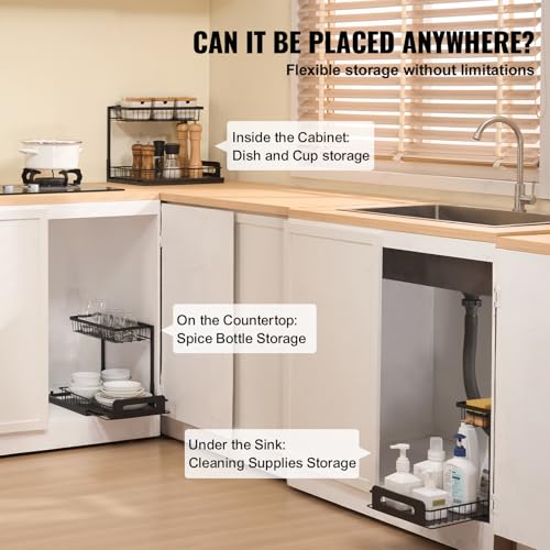 VEVOR 2 Tier Pull Out Cabinet Organizer(10.7"W x 14.2"D), Under Sink Organizer and Storage, Slide Out Drawer Cabinet Organizer, Wire Basket Sliding Storage, 12.5"Wx15.5"Dx13"H Install Size for Cabinet - size: 10.7"W x 14.2"D (1 Pack)