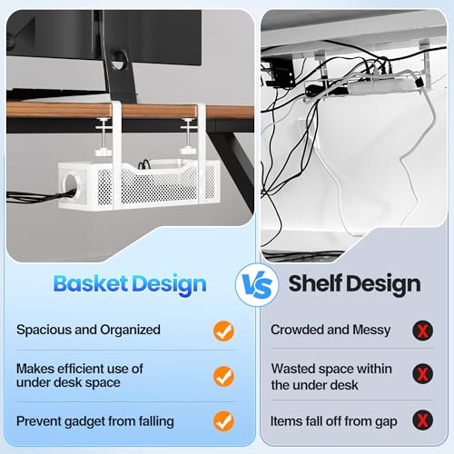Cable Management Under Desk Tray, No Drill Cable Management Box with Clamp for Wire Organization, Cord Organizer for Office, Home - No Damage to Desk (White) - color: White
