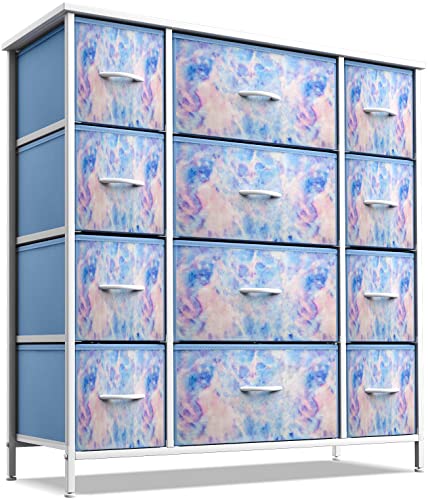 Sorbus Kids Dresser with 12 Drawers - Chest Organizer Unit with Steel Frame Wood Top & Handle, Fabric Bins for Clothes - Large Furniture for Bedroom Hallway Kids Room Nursery & Closet (Blue - Tie-dye) - color: Tie Dye Blue, size: 12 Drawer
