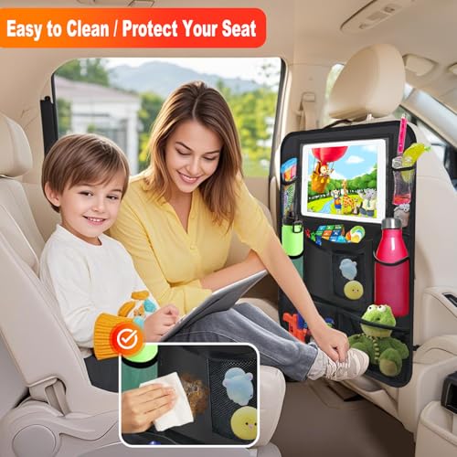 Car Backseat Organizer ，2 Pack Car Organizer Back Seat with 11" Tablet Holder, 10 Storage Pockets Seat Back Protectors Kick Mats for Kids Toddlers, Travel Accessories (Black) - color: Black, size: 2 Pack