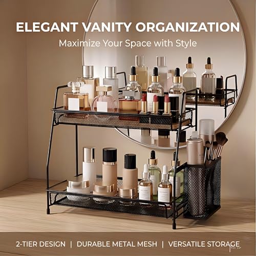 LEMIKKLE 2-Tier Bathroom Countertop Organizer,Skincare, Makeup Countertop Organizers, Kitchen, Bathroom Counter Storage with Small Basket (Black) - color: Black (Size: 7" x 12" x 13")