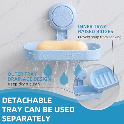 LEVERLOC Soap Dish Holder for Shower Suction Cup Wall Mounted Self Draining NO-Drilling Removable Bar Soap Sponge Holder for Bathroom Bathtub Kitchen Sink Waterproof Strong Vacuum Suction, Blue - style: 1 tier Blue