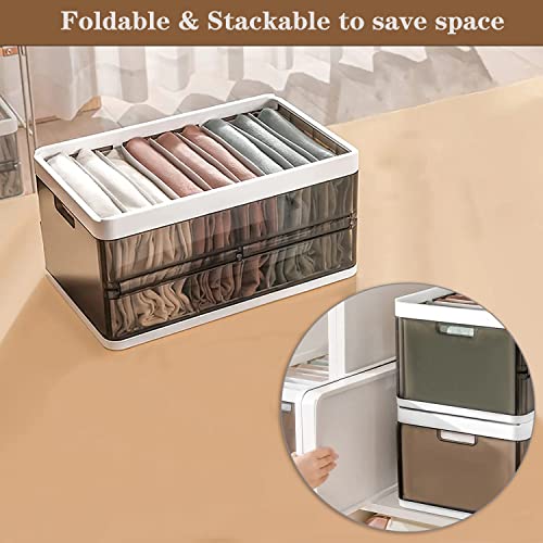 Stackable Wardrobe Clothes Organizer, Jeans Compartment Plastic Storage Box with Detachable Dividers lid, Wardrobe Clothes Cabinet for Toys Snacks Books, Clear Brown (9 Grids)