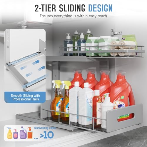 Under Sink Organizer Upgrade To Professional Rails,2-Tier Dual Pull Out Cabinet Storage,Height Adjustable Slide Out Drawers For Bathroom Kitchen,2 Pack-14.5"Dx12.8"-16.9"H,Gun Gray - color: Gun Gray, size: 2 Pack-14.5"Dx12.8"-16.9"H