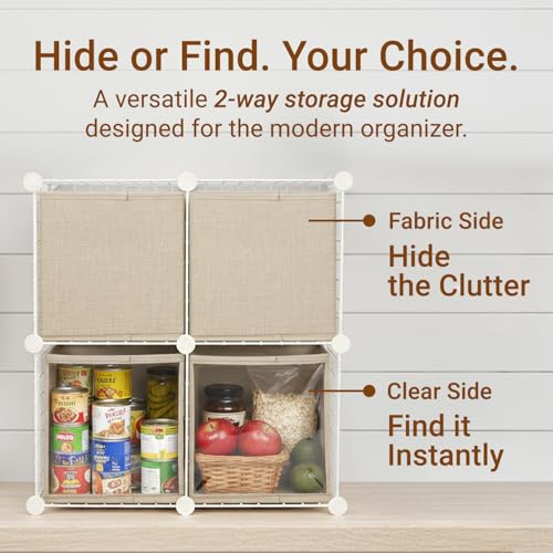 3-Pack Clear Front Storage Bins – Foldable Cube Organizers with PVC Window & Polyester Linen, Handles for Closet Shelves Nursery Toy Storage – 8×12×8 Inch (20×30×20 cm), Brown