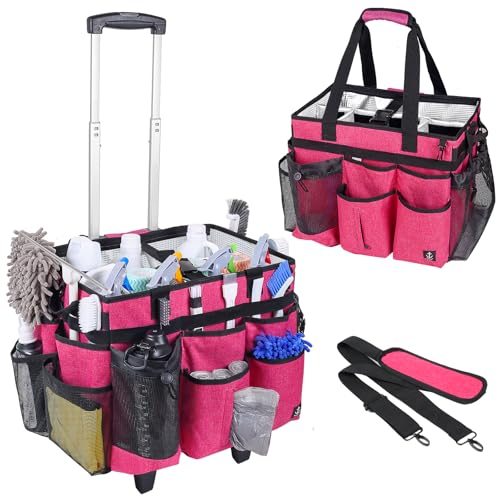 Extra large Rolling Cleaning caddy bag Built-in Hard Support Board,Cleaning Cart with Detachable Trolley, Housekeeping Cleaning caddy with Adjustable Shoulder Strap and Multiple Storage Pockets - color: Rose Red