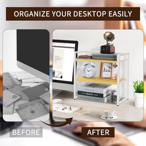 YINMIT Desktop Shelf Organizer, 2 Tier Office Shelves, Wood Desk Organizer Storage Rack and Freestanding Display Shelf for Office, Dormitory, Home (White Wood) - color: White+wood
