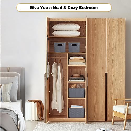 Ohmlove 4 Packs Storage Bins with Bamboo Lids - Plastic Storage Containers with Lids Stackable Storage Box：Storage Baskets for Organizing Desktop Closet Playroom Classroom Office,Gray - color: Gray