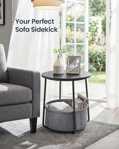 SONGMICS HOME Small Side Table, Round End Table, 2 Tier Nightstand with Basket, U Shaped Steel Legs, Easy Assembly, for Living Room, Bedroom, Black and Gray - color: Black + Gray, size: 1 pack