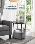 SONGMICS HOME Small Side Table, Round End Table, 2 Tier Nightstand with Basket, U Shaped Steel Legs, Easy Assembly, for Living Room, Bedroom, Black and Gray - color: Black + Gray, size: 1 pack