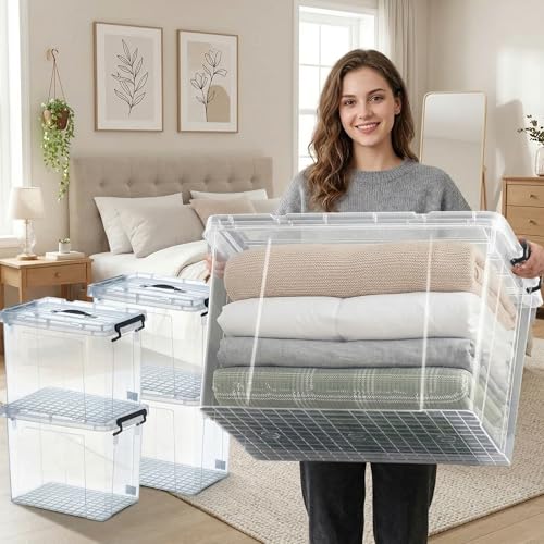 72 QT 4-Pack Heavy-Duty Stackable Clear Storage Bins with Lids - Premium Clear Plastic Organizing Containers for Home, Office, BPA-Free, Pull Handles and Secure Latches - style: 72 QT 4-Pack