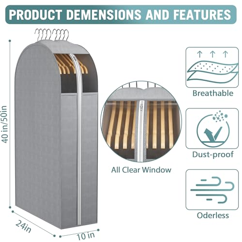 Liuoud 10" Gusseted Garment Bags for Hanging Clothes with Clear Window (40&50") Suit Bags for Open Closet Storage, Clothing Cover for Coat, Dress, Jacket, Shirt, Fur Wardrobe Protector, 4 Packs - color: Grey with window, size: 40+50 inch