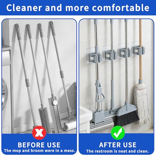 Broom Holder Wall Mount, 4 Pack Mop and Broom Holder, PlasticBroom Hangers for Wall, Gray, Space-Saving Tool Organizer for Kitchen Laundry Garage Garden, Easy Install, Non-Slip Grips