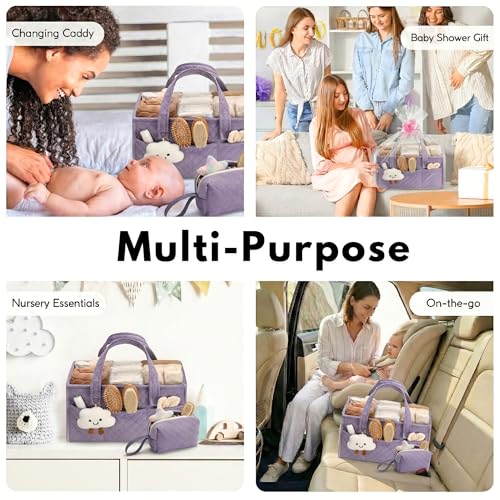 PeraBella Baby Diaper Caddy Organizer, Baby Basket Shower Gift, Portable Changing Table Basket, Postpartum Caddy & Tote Bag Pouch, Newborn Boy & Girl Nursery Essentials Registry, Car Diaper Organizer - color: Lavender