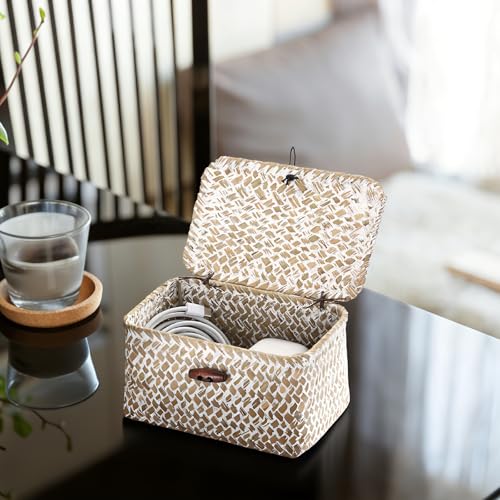 Hipiwe Wicker Shelf Basket Mini Seagrass Basket with Lid Key Holder Box for Entry Tabletop Desk Organizer Home Decor, Whitewash 6.1" x 4" x 3.3" - color: Whitewash color, size: 6.1" x 4.0" x 3.3"