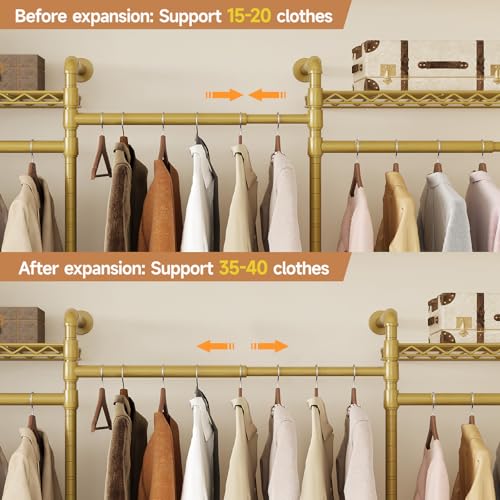 ComfyCorner Wall Mounted Garment Rack, Industrial Pipe Metal Clothing Rack with 6 Hanging Rods (4 Expandable) & 8 Shelves, Closet Organizers and Storage System for Bedroom, Walk in Closet - color: Gold