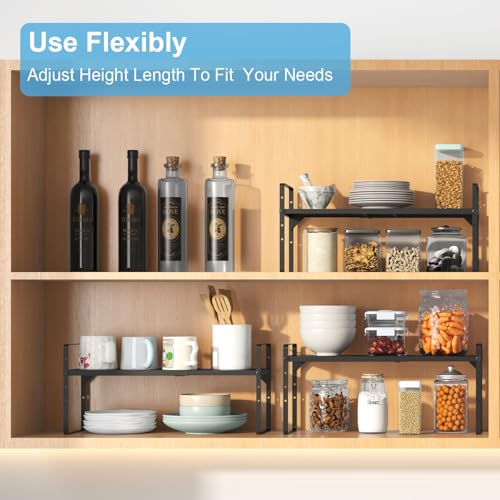 15.5 to 25.5 Inch Kitchen Cabinet Shelf Organizers, Adjustable Kitchen Counter Shelf Organizer, Set of 4 Expandable Countertop Storage Shelves, Stackable Design, 30LBS Heavy Duty, Space Saver - color: Black