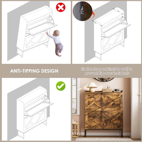 Nicetree Shoe Cabinet Organizer with 2 Flip Drawers, Freestanding Narrow Rack with Metal Legs, Farmhouse Slim Shoe Storage for Entryway, Foyer, Hallway, Rustic Brown - color: Rustic Brown, style: 2-Drawers