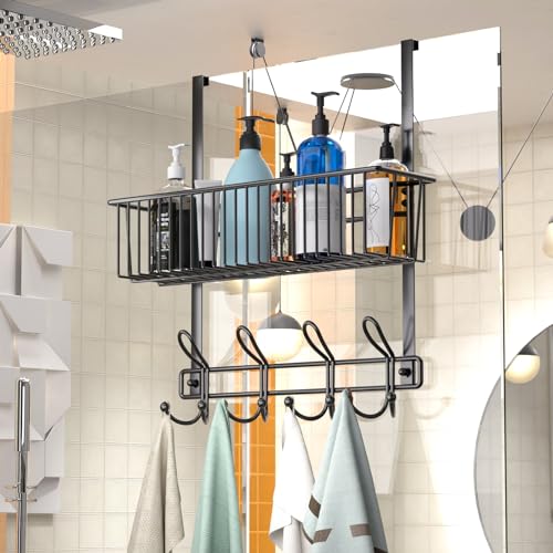 Kaiferty Over The Door Hooks Organizer,Door Hanger Door Storage with Basket,Over The Door Towel Rack Coat Hooks with 12 Hooks,for Bathroom,Bedroom,Kitchen,Office,Apartment(Black) - color: 1 Wire Basket-Black